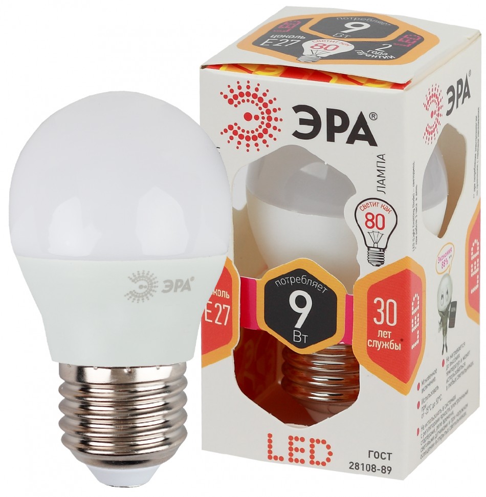 Лампочка светодиодная ЭРА STD LED P45-9W-827-E27 E27 / Е27 9Вт шар теплый белый свет