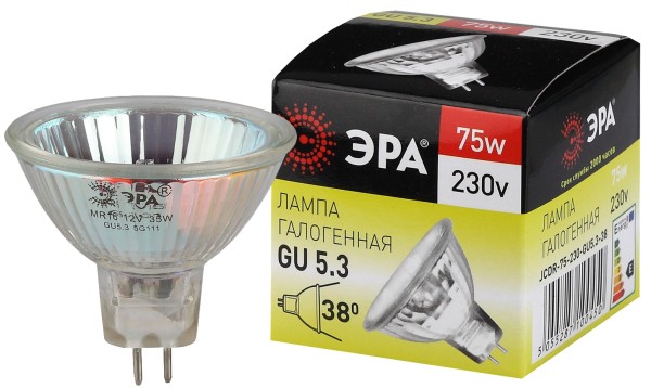 Лампочка галогенная ЭРА GU5.3-JCDR (MR16)-75W-230V-CL GU5.3 75Вт софит теплый белый свет