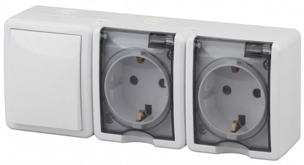 11-7403-01 ЭРА Блок две розетки+выключатель IP54, 16A(10AX)-250В, ОУ, Эра Эксперт, белый