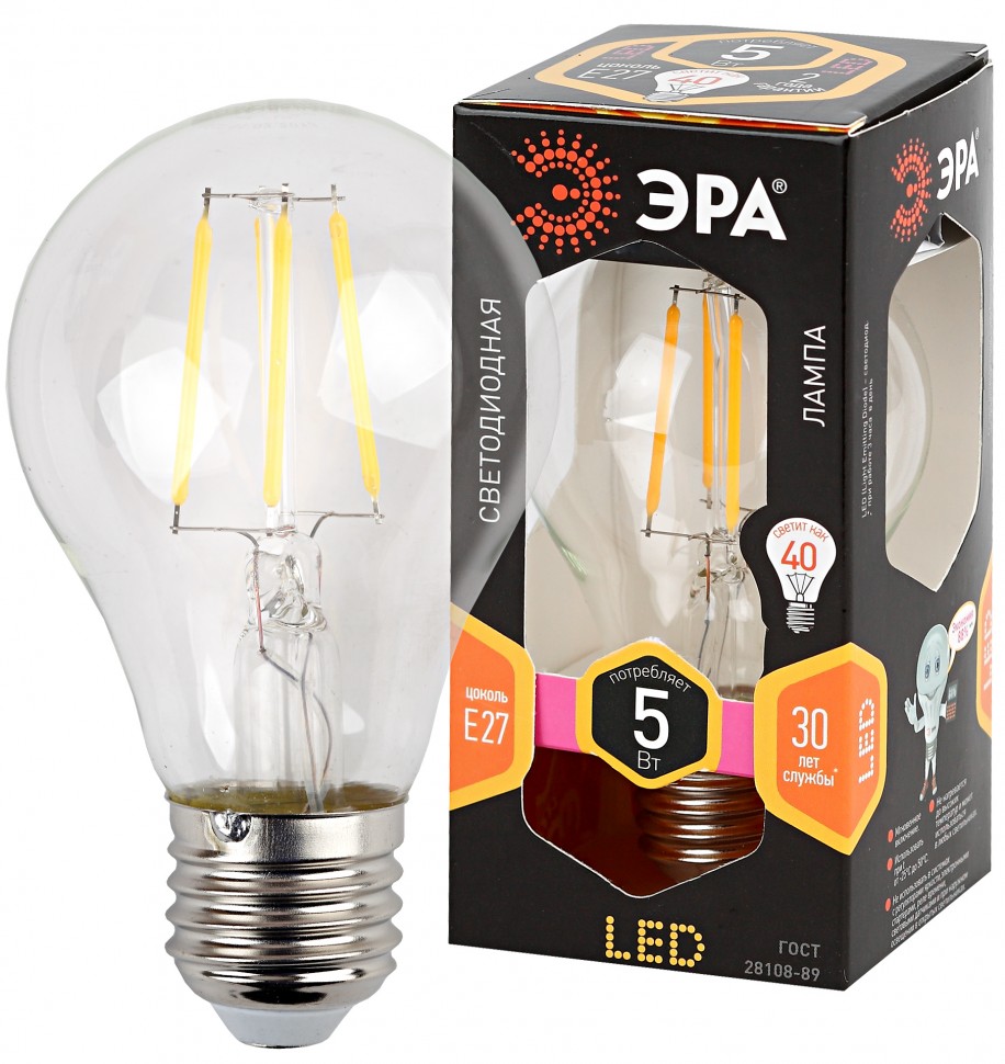 Лампочка светодиодная ЭРА F-LED A60-5W-827-E27 Е27 / Е27 5Вт филамент груша теплый белый свет