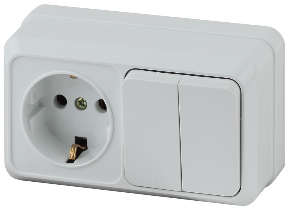 2-702-01 Intro Блок розетка+выкл. двойной гориз. 10А-250В, IP20, ОУ, Quadro, белый