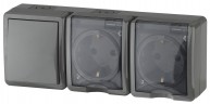 11-7403-03 ЭРА Блок две розетки+выключатель IP54, 16A(10AX)-250В, ОУ, Эра Эксперт, серый