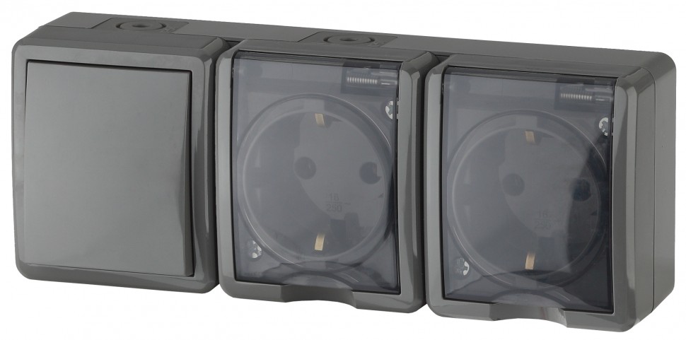 11-7403-03 ЭРА Блок две розетки+выключатель IP54, 16A(10AX)-250В, ОУ, Эра Эксперт, серый