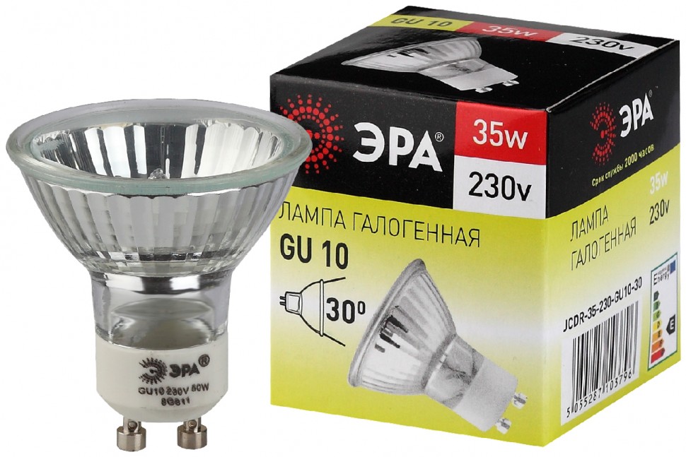 Лампочка галогенная ЭРА GU10-JCDR (MR16)-35W-230V GU10 35Вт софит теплый белый свет