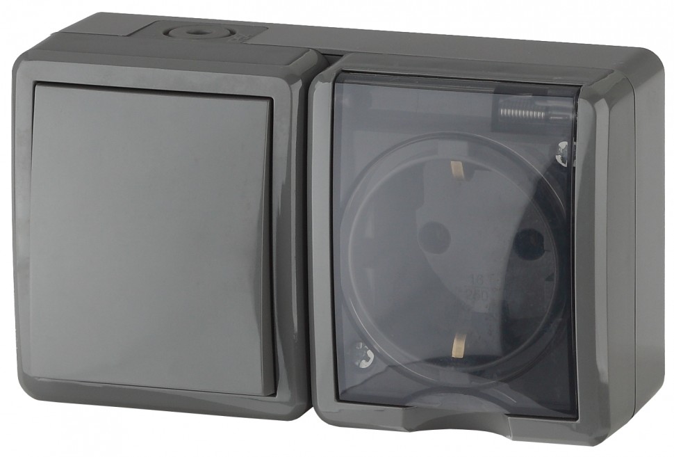 11-7401-03 ЭРА Блок розетка+выключатель IP54, 16A(10AX)-250В, ОУ, Эра Эксперт, серый