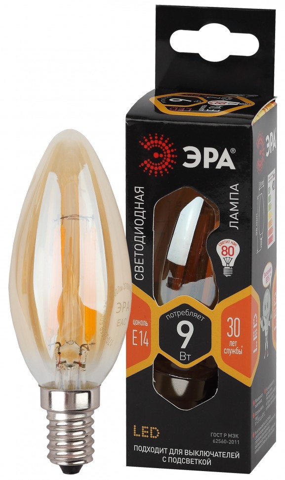 Лампочка светодиодная ЭРА F-LED B35-9W-827-E14 gold Е14 / Е14 9Вт филамент свеча золотистая теплый белый