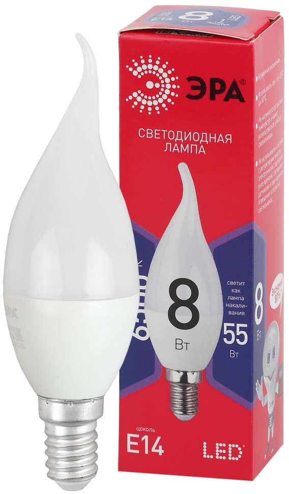 Лампочка светодиодная ЭРА RED LINE LED BXS-8W-865-E14 R E14 / Е14 8Вт свеча на ветру холодный дневной свет