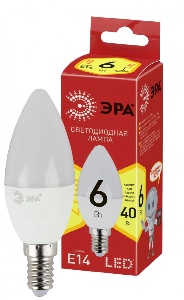 Лампочка светодиодная ЭРА RED LINE ECO LED B35-6W-827-E14 E14 / Е14 6Вт свеча теплый белый свет