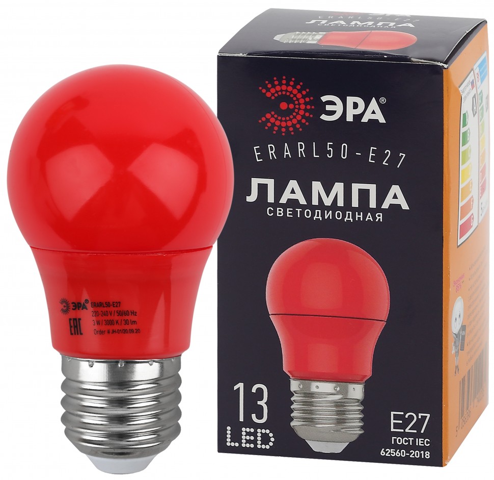 Лампочка светодиодная ЭРА STD ERARL50-E27 E27 / Е27 3Вт груша красный для белт-лайт