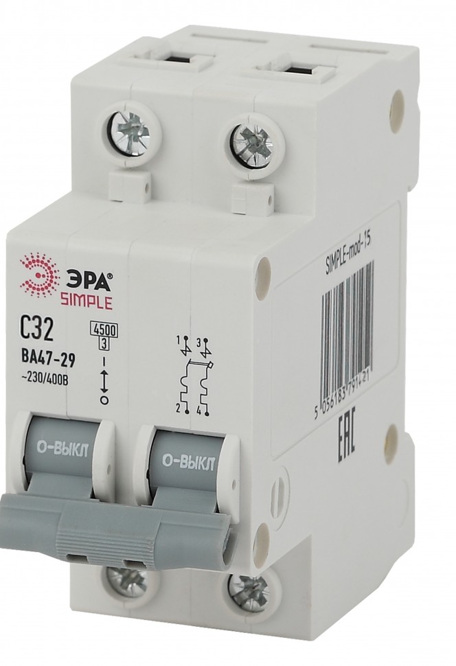 SIMPLE-mod-15 ЭРА SIMPLE Автоматический выключатель 2P 32А (C) 4,5кА ВА 47-29